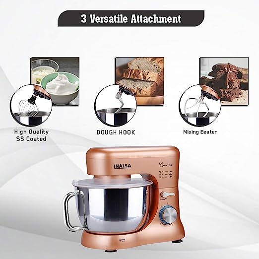 INALSA Stand Mixer Kratos-1000W | 100% Pure Copper Motor| 5L SS Bowl| 8 Speed Control| Tilt Head| Includes Whisking Cone, Mixing Beater & Dough Hook| 2 Years Warranty, (Champagne) INALSA Stand Mixer Kratos-1000W | 100% Pure Copper Motor| 5L SS Bowl| 8 Speed Control| Tilt Head| Includes Whisking Cone, Mixing Beater & Dough Hook| 2 Years Warranty, (Champagne)